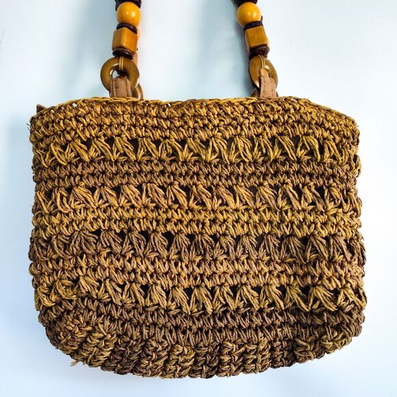 Boho Vintage Toyo Straw Woven Bag Wooden Beads Leather Handles 12"x8" Natural - Picture 2 of 11